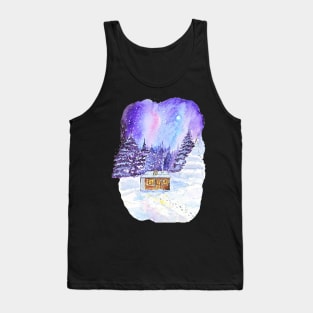 Snowy Night: Watercolor Winter Landscape with Cozy Cottage Tank Top